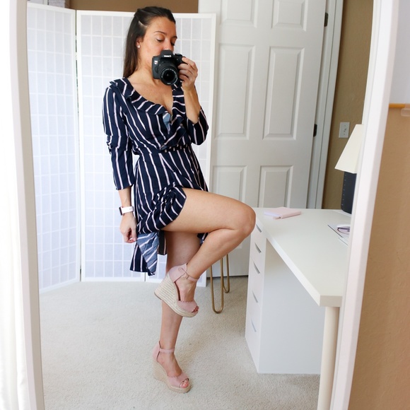 Blue Striped Fit and Flare Ruffle Wrap Dress - Picture 14 of 15